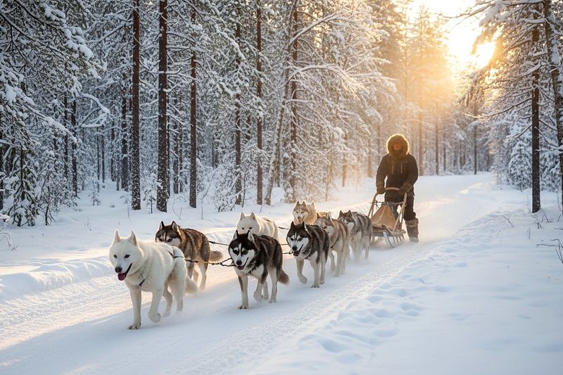 Husky sled ride on a forest trail near Rovaniemi