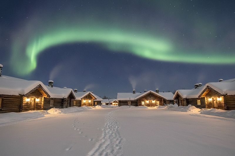 The village square at night with a faint aurora
