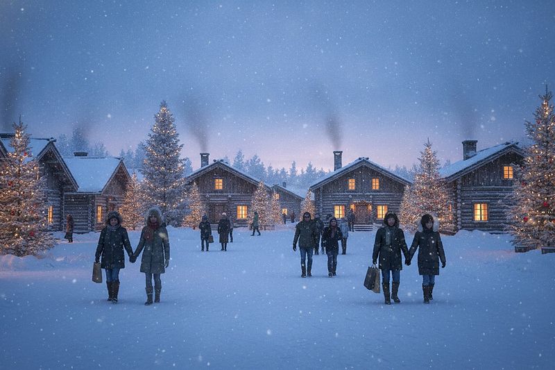 The village square in winter at blue hour